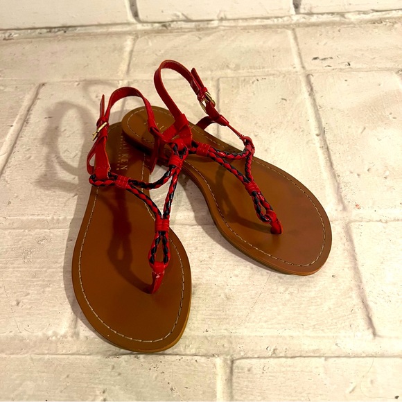 Lauren Ralph Lauren Alexa Red & Navy Rope Leather Thong Sandals Size 7.5B - Picture 2 of 9
